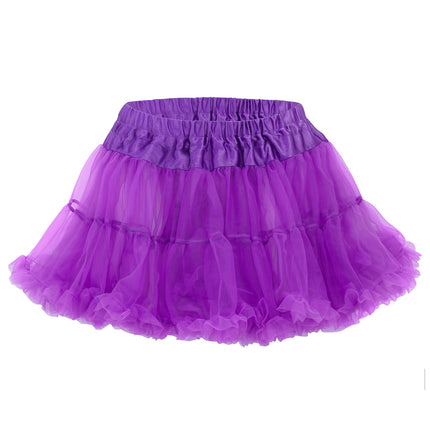 Paarse tutu achterkant met elastische geplooide taille en dubbele laag tule