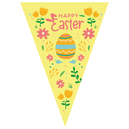 Paasvlaggenlijn geel, driehoekig vlaggetje met paasei, tulpen en Happy Easter-opdruk