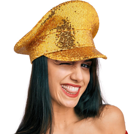 Pailletten pet goud XL op het hoofd, grote bol met glinsterende klep, voor een discofeest