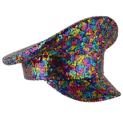 Pailletten pet regenboog XL van opzij, dicht bezette pailletten op bol en klep