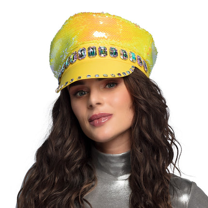 Pailletten pet Sandy candy gedragen door een dame, parelmoer glans op de bol voor een discofeest