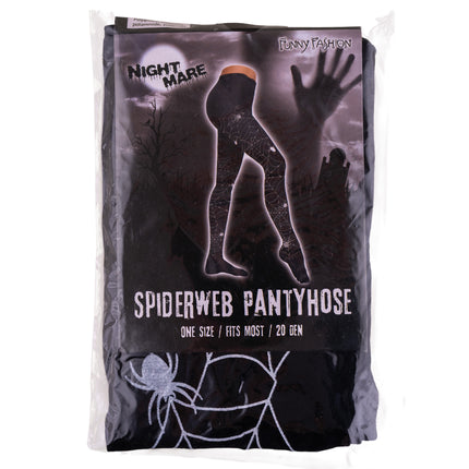 Panty spinnenweb print in de verpakking met detail van het web en een zilvergrijze spin