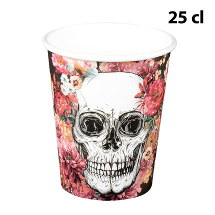 Papieren bekertje Day of the Dead van 25 cl met schedelprint en witte binnenkant