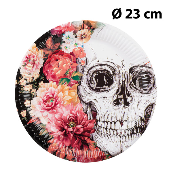 Papieren bordje Day of the Dead van 23 cm met zwart-witte schedel tussen roze en rode bloemen