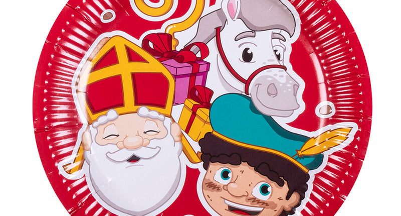 Papieren bordje Sinterklaas in rood met Sint, Piet en het paard, 23 cm doorsnede