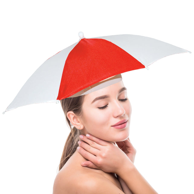 Paraplu hoed Brabant rood wit met witte topknop, gedragen op het hoofd voor een feest