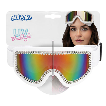 Party skibril Rave wit met strass en regenboogglas in de Boland-verpakking met uv-blacklight-label