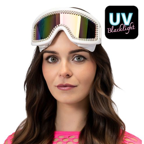 Party skibril Rave wit met strass en regenboogglas op het voorhoofd gedragen, voor een neon party onder blacklight