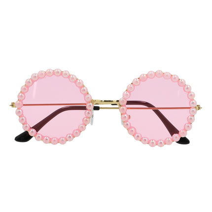 Partybril Candy roze van voren, met roze parelkralen rond de glazen en een goudkleurige brug