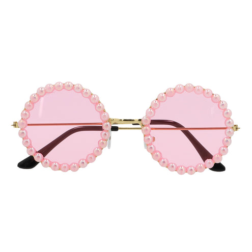 Partybril Candy roze van voren, met roze parelkralen rond de glazen en een goudkleurige brug