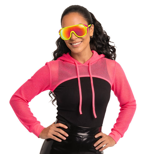 Partybril Rave runner UV op een model met lang haar in een staart, neongeel montuur voor een neon party