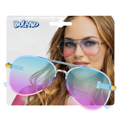 Partybril Shade van Boland op verpakkingskaart, blauw montuur met glazen die naar roze verlopen