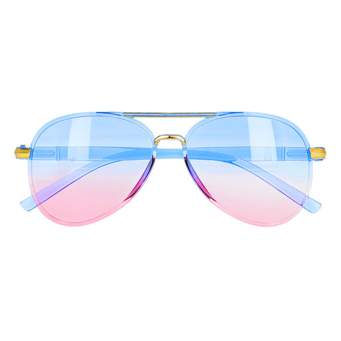 Partybril Shade van voren: doorzichtig blauw montuur, goudkleurige dubbele brug en blauw-roze glazen