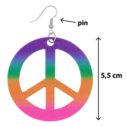 Peace oorbel met glitterverloop van paars naar roze, 5,5 cm doorsnede aan een zilverkleurige steker