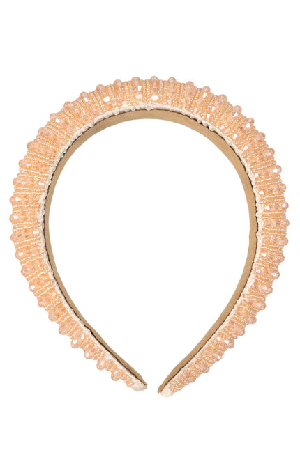 Perzik haarband met kraaltjes, brede diadeem in perzikroze met facetkralen en beige binnenzijde