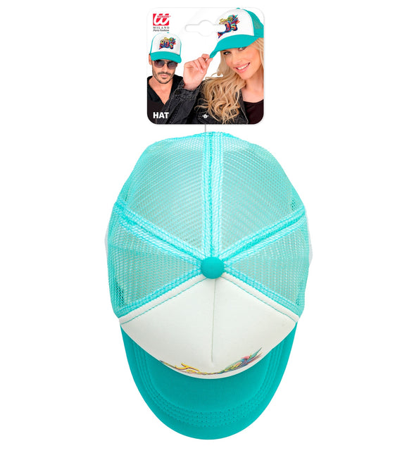 Pet jaren 80 van bovenaf met turquoise meshpanelen en witte voorbaan op verpakkingskaart