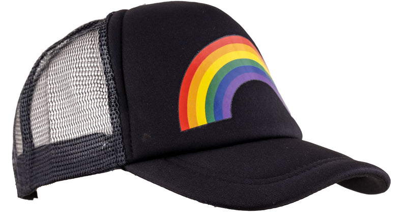 Pet regenboog print zwart met gekleurde regenboogboog op het voorpand en meshzijkanten