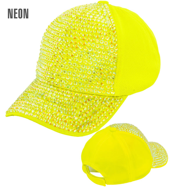 Pet strass neon geel met iriserende steentjes op klep en voorpaneel, met achterzijde in beeld
