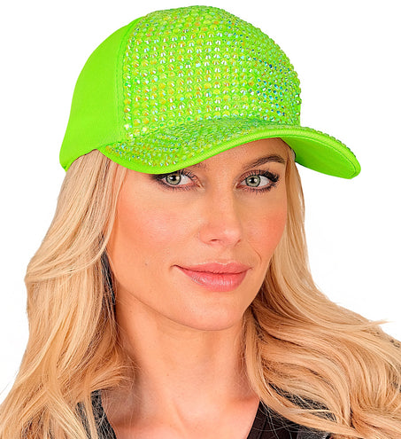 Pet strass neon groen op het hoofd van een dame, strass over de voorpanelen