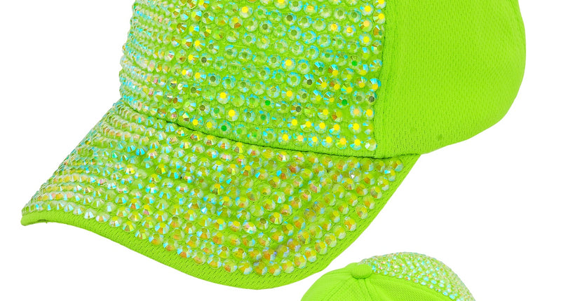 Pet strass neon groen met iriserende steentjes op klep en voorpand, voor een neonparty