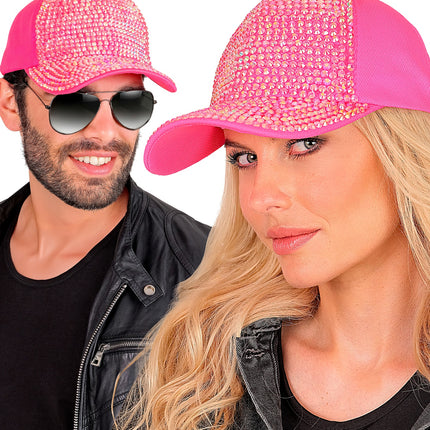 Pet strass neon roze gedragen door dame en heer op een neonparty