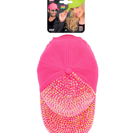 Pet strass neon roze op verpakkingskaart van Widmann, achterpanden in effen neonroze