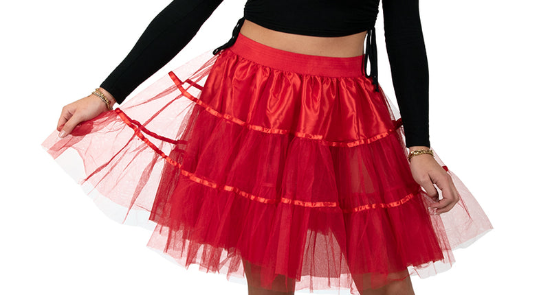 Petticoat rood dames, tweelaagse rode tulerok van 45 cm met satijnen sierbanden en elastieken tailleband