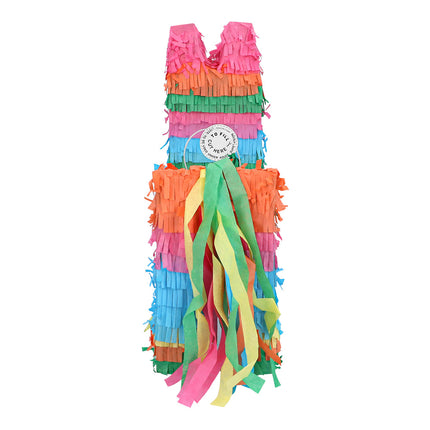 Piñata lama Amigo achterkant met ophanglus en papieren slierten in geel, groen en roze