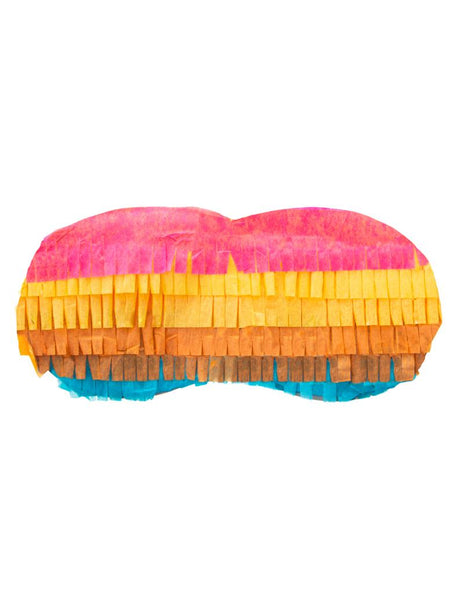 Pinata masker gestreept met roze, gele, oranje en blauwe papieren franjes, oogmasker van 17 x 7 cm