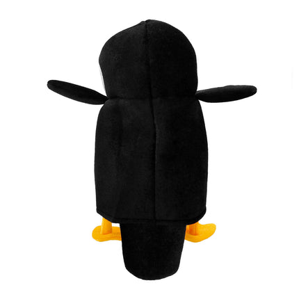 Pinguïn hoed van achteren, zwarte achterkant met uitstaande flippers en gele pootjes onderaan