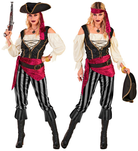 Piraat dame kostuum Emma van voren en van opzij, hoofdband met en zonder piratenhoed