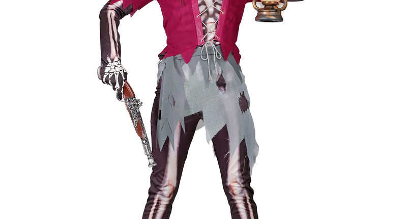 Piraat skelet kostuum dames met bordeauxrood korsetshirt, grijze gerafelde rok en bottenlegging voor Halloween