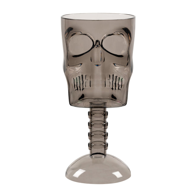Plastic kelk Smoke skull in rookgrijs doorschijnend plastic, met doodskop, wervelsteel en ronde voet, voor Halloween
