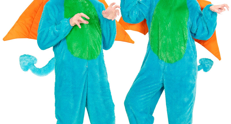 Pluche drakenkostuum Drake in blauw met groene buik en oranje vleugels, gedragen door een man en een vrouw