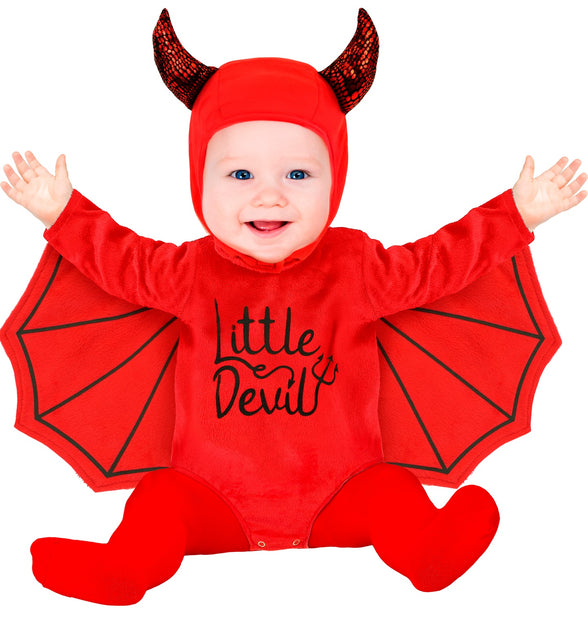 Pluche duivel kostuum Milan kind in rood met vleermuisvleugels en kapje met horens voor Halloween