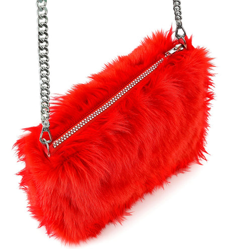 Pluche handtas rood met rits en zilverkleurige schakelketting, vooraanzicht