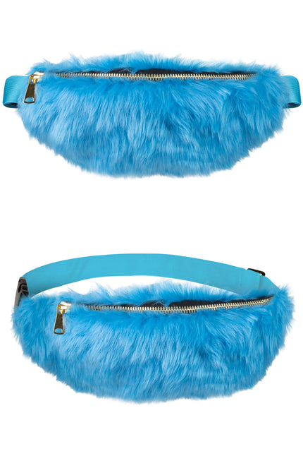 Pluche heuptasje blauw, voor- en achterkant met goudkleurige rits en verstelbare blauwe band