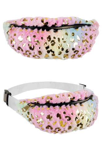 Pluche heuptasje pastel met gouden luipaardprint, zwarte rits en verstelbare witte band