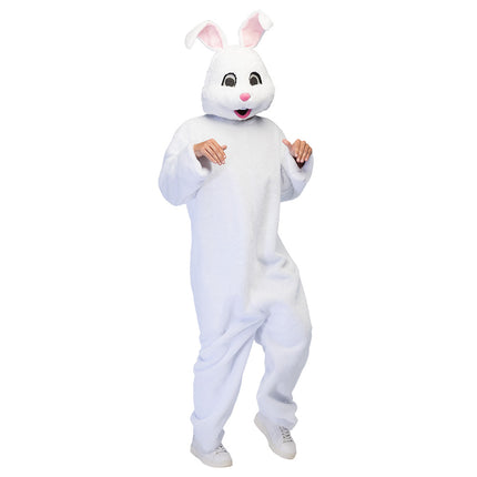 Pluche konijnpak Bouncing bunny in wit met groot konijnenmasker en roze neus, vooraanzicht