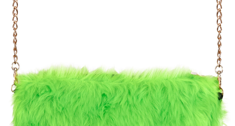 Pluche schoudertasje neongroen met langharige vacht en gouden schakelketting, voor een discofeest