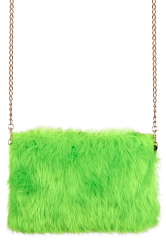 Pluche schoudertasje neongroen met langharige vacht en gouden schakelketting, voor een discofeest