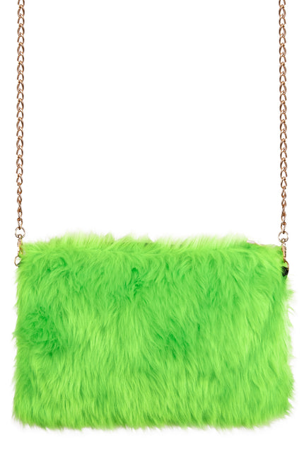 Pluche schoudertasje neongroen met langharige vacht en gouden schakelketting, voor een discofeest