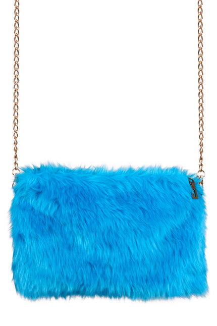 Pluche tasje blauw, rechthoekig schoudertasje met rits en gouden schakelketting voor een themafeest