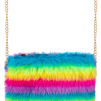 Pluche tasje met brede regenboogstrepen in blauw, groen, geel en roze en rits bovenzijde