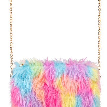Pluche tasje in pastel regenboogtinten met lichtblauw, roze en lila langharig pluche