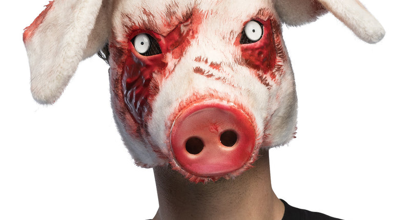 Pluchen halfmasker Bloederig varken met roze snuit en bloedvegen rond de ogen, gedragen voor Halloween