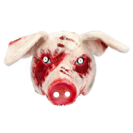 Pluchen halfmasker Bloederig varken van voren met flaporen, witte ogen en rode bloedsporen op het pluche