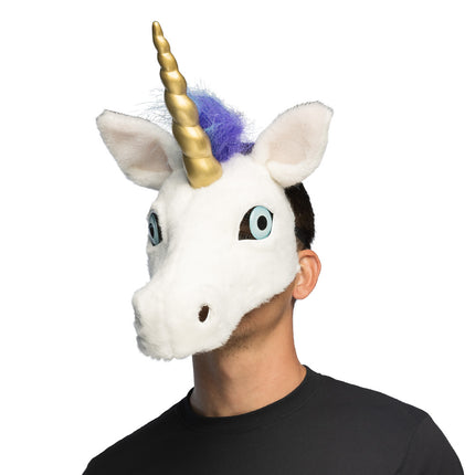 Pluchen halfmasker eenhoorn in wit met gouden hoorn en blauw-paarse manen, schuin van voren gedragen