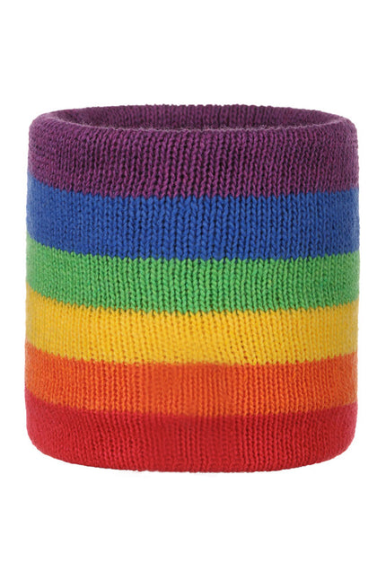 Polsbandjes regenboog met gebreide strepen in rood, oranje, geel, groen, blauw en paars voor Pride