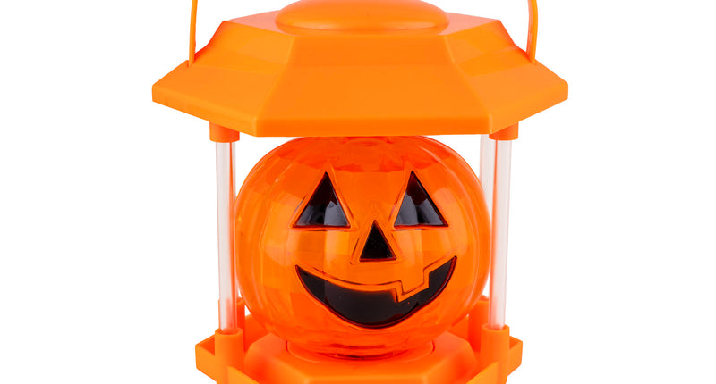 Pompoen lantaarn oranje van pvc met zwart grijsgezicht en beugelgreep, 16 cm, voor Halloween